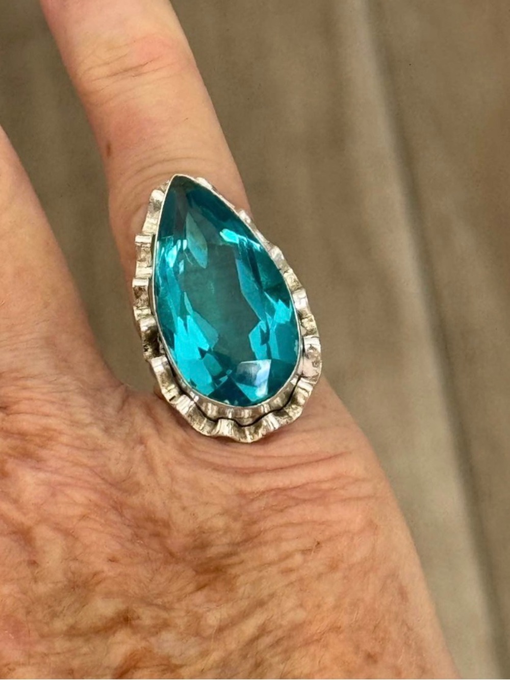 Silver Teardrop Blue Crystal Statement Ring - Women Jewelry